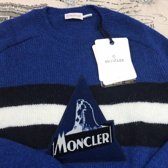 MONCLER Logo Stripe Panel Knit Sweater In Blue - Picture 7 of 10